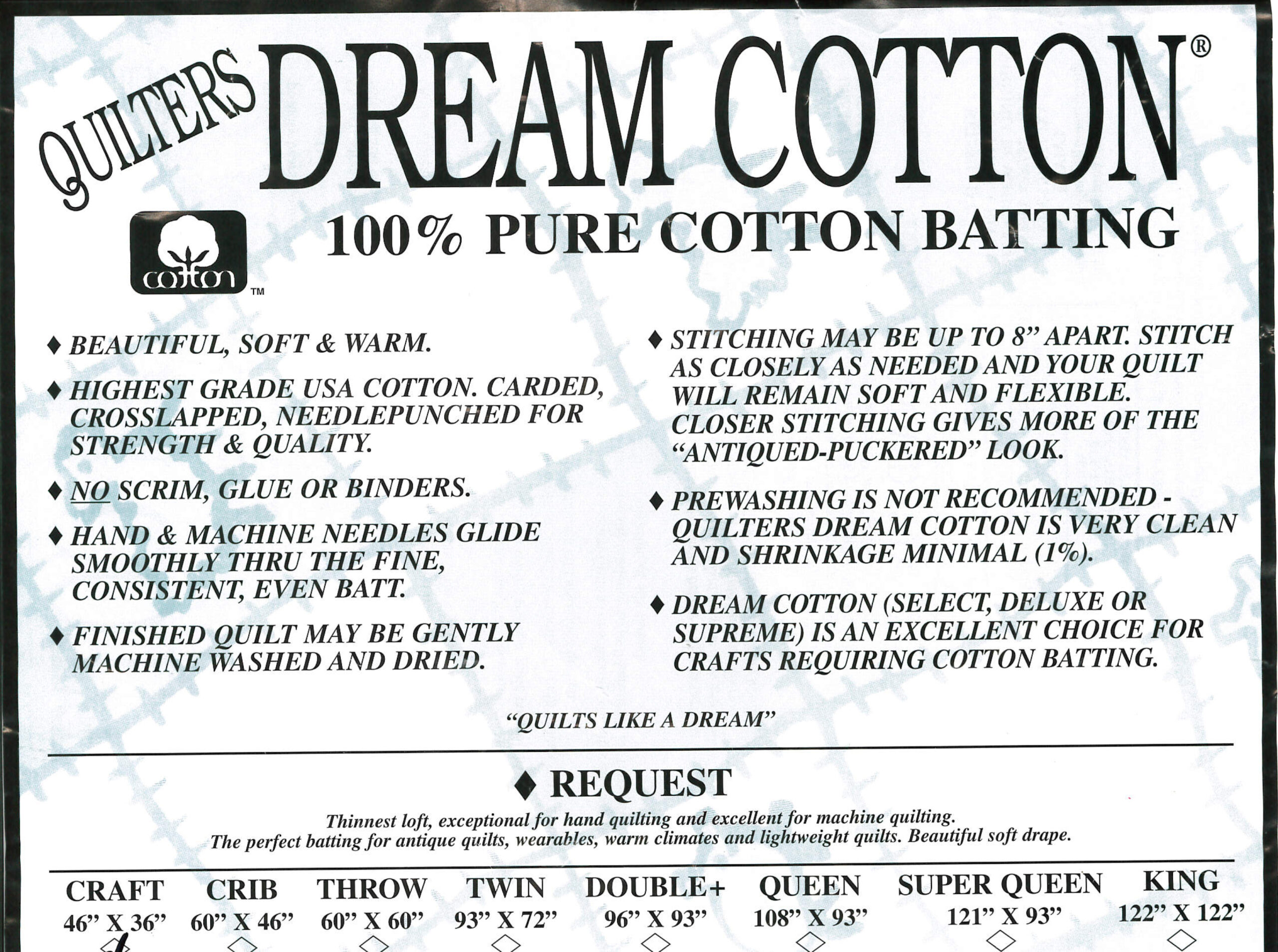 Quilters Dream Cotton Crib Pack Wadding 46in x 60in